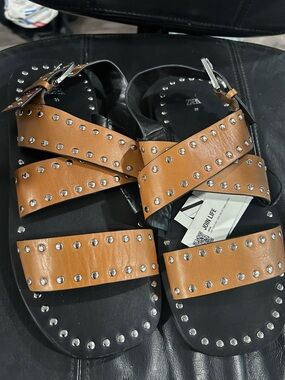 Zara Brown Sandals with Silver Stud Accents Black sole. NWT